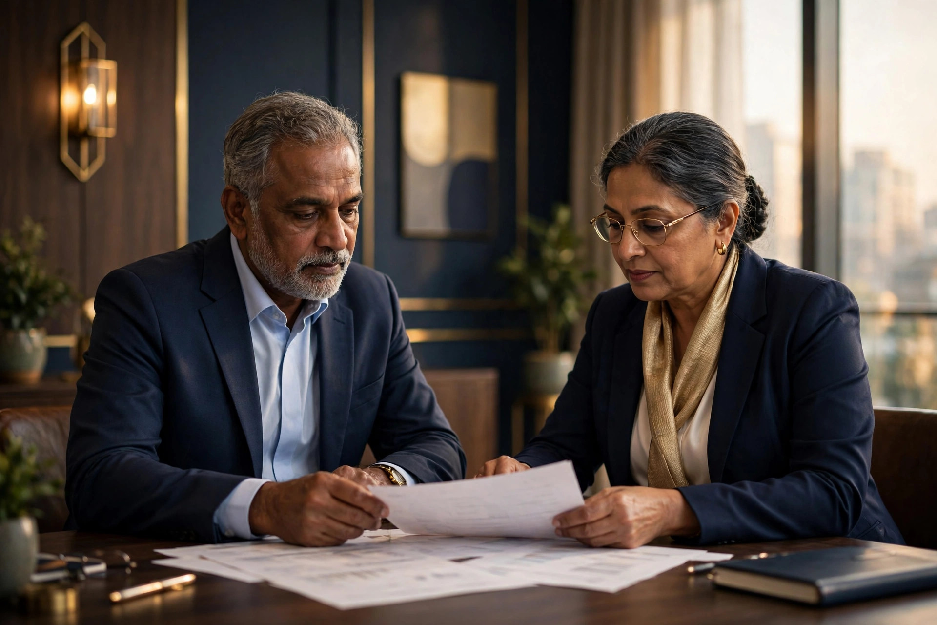 Senior Indian advisors reviewing NBFC documents in a boardroom