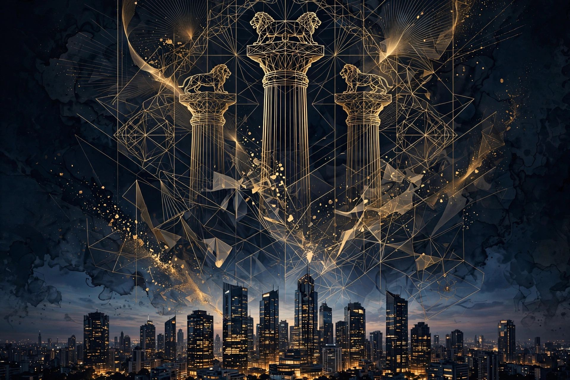 Indian financial-district skyline at dusk with Ashoka-pillar motifs in gold line-work